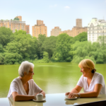 Two female psychotherapists engaged in a collaborative discussion on schema therapy techniques, with the serene backdrop of Central Park, reflecting their training progress at the Schema Therapy Training Center of New York.