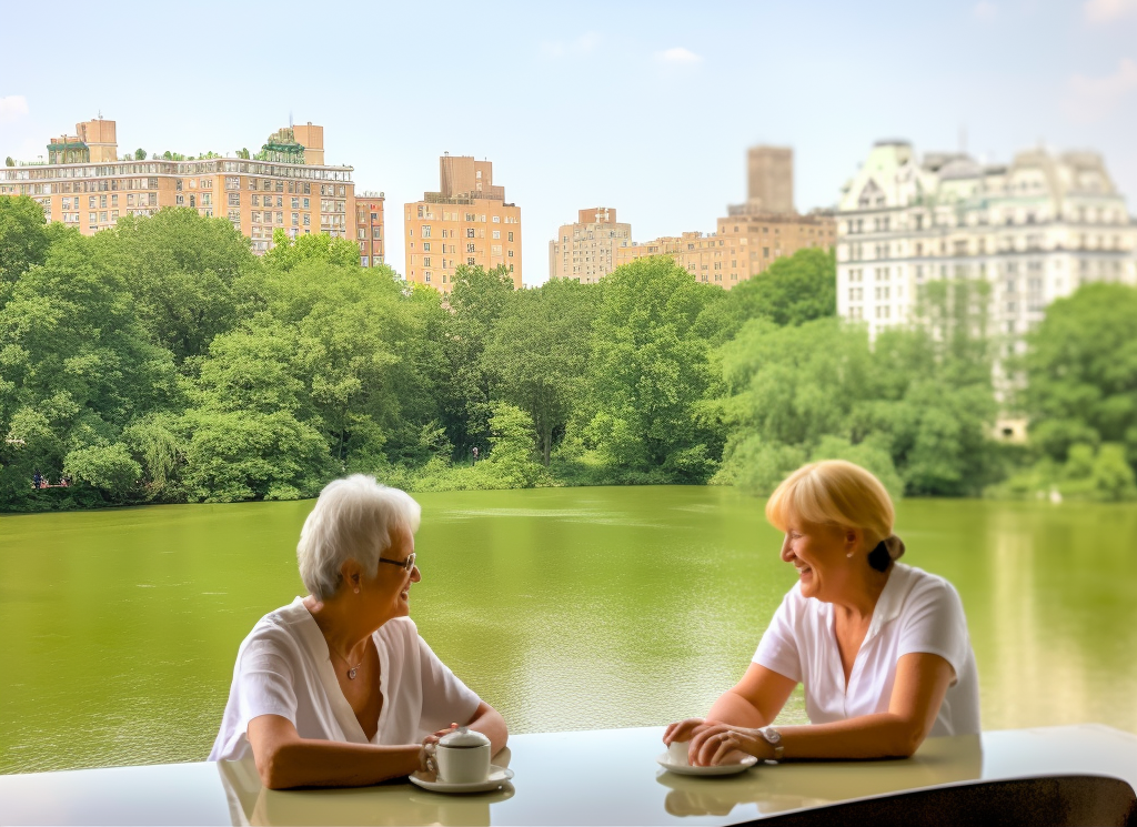 Two female psychotherapists engaged in a collaborative discussion on schema therapy techniques, with the serene backdrop of Central Park, reflecting their training progress at the Schema Therapy Training Center of New York.