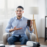 A focused therapist using a digital device to enhance schema therapy training techniques, representing modern mental health advancements and professional development for psychotherapists.
