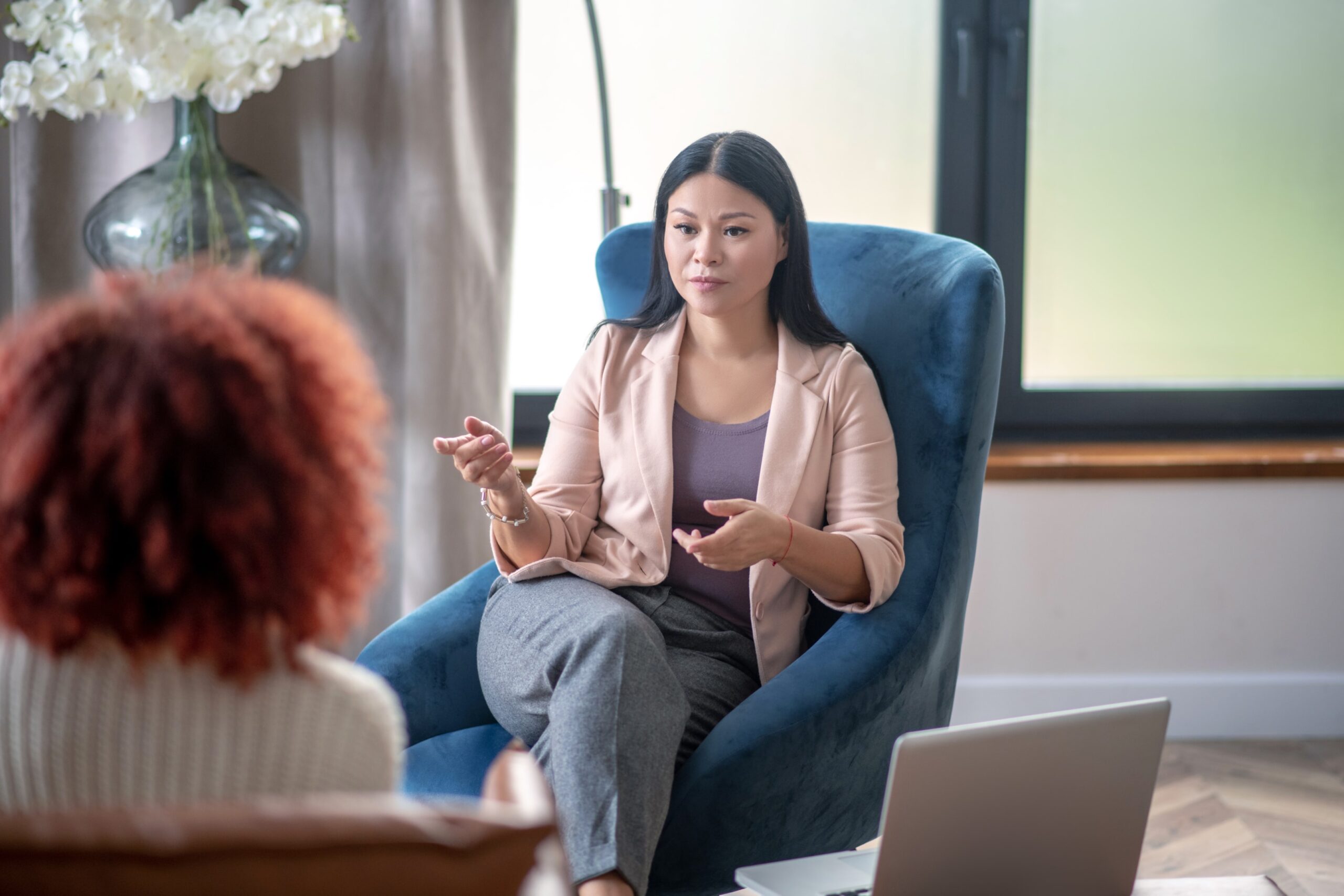 Image of a schema therapist for couples working on empathic confrontation with a client experiencing an abandonment schema.