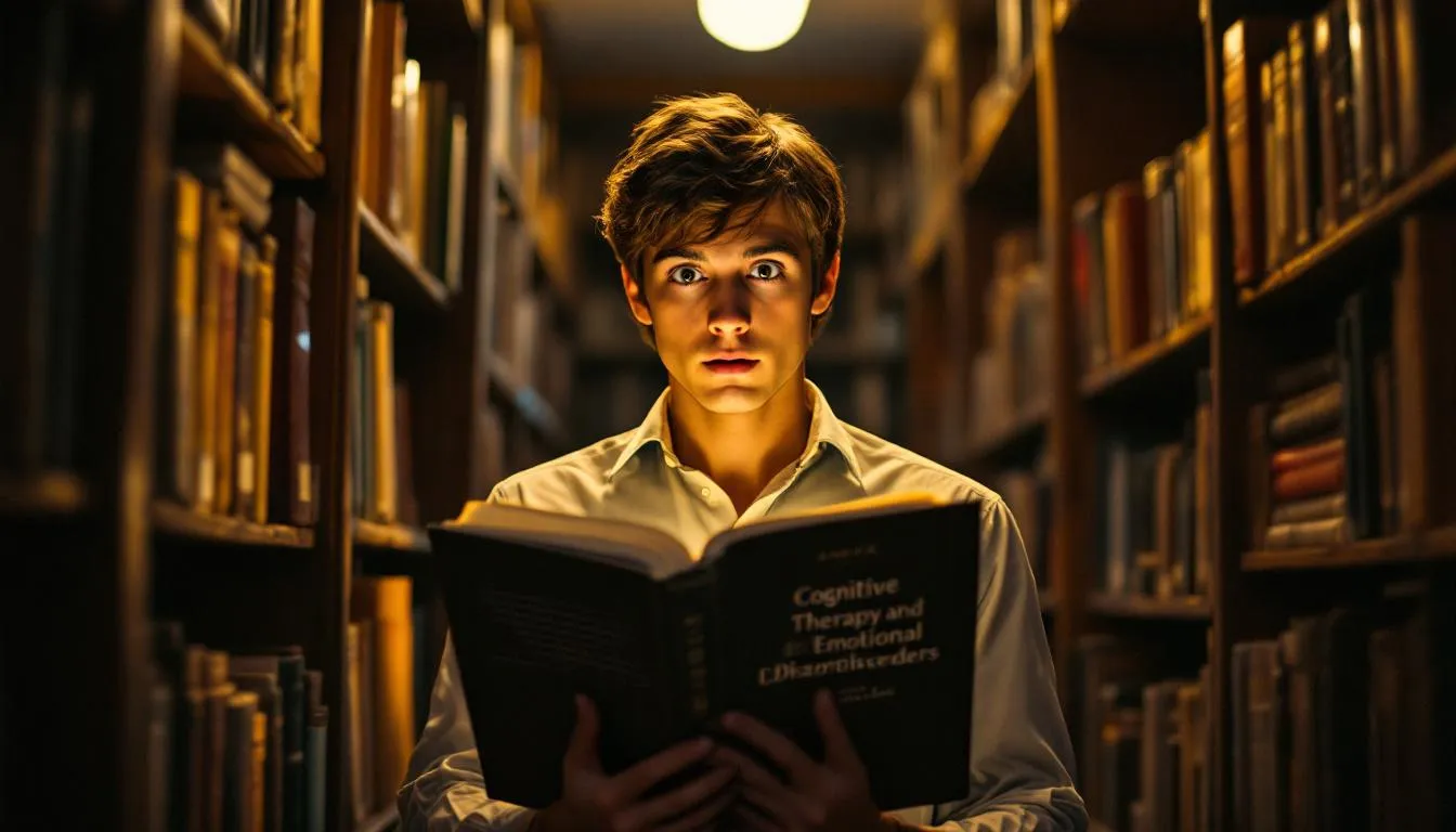 A young psychology student in his early 20s stands between tall bookshelves in a vintage college bookstore, deeply focused on reading "Cognitive Therapy and Emotional Disorders" by Aaron Beck. His expression reflects a moment of realization, as warm lighting creates an academic atmosphere, emphasizing the significance of this transformative experience in his pursuit of knowledge in therapy and emotional well-being.