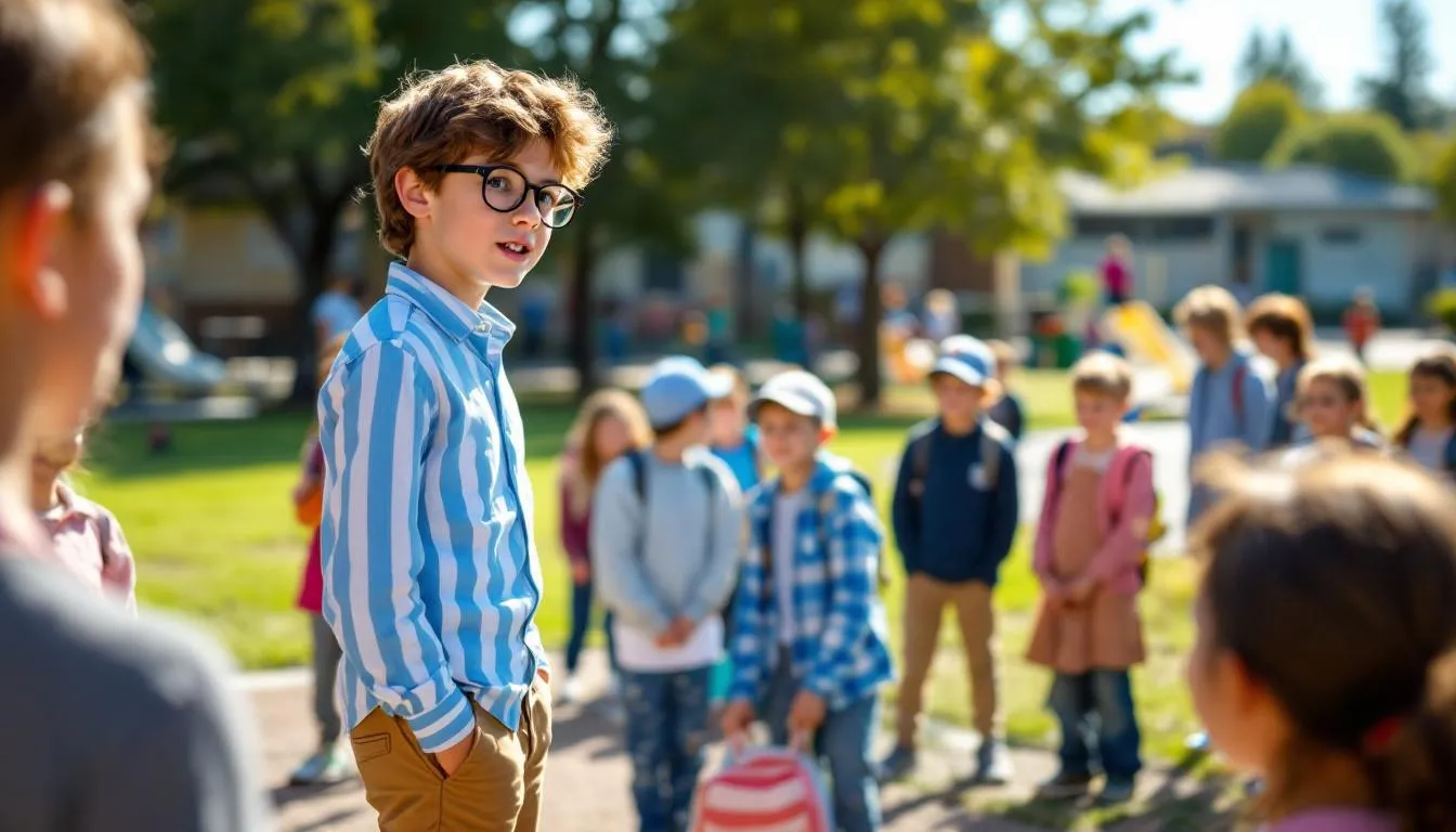 An 8-year-old boy with brown hair and glasses is seen advising his fellow students on the playground during recess, with sunlight illuminating their faces, creating a warm and inviting atmosphere. The scene captures the essence of young progressive leaders engaging with peers in a nurturing environment.