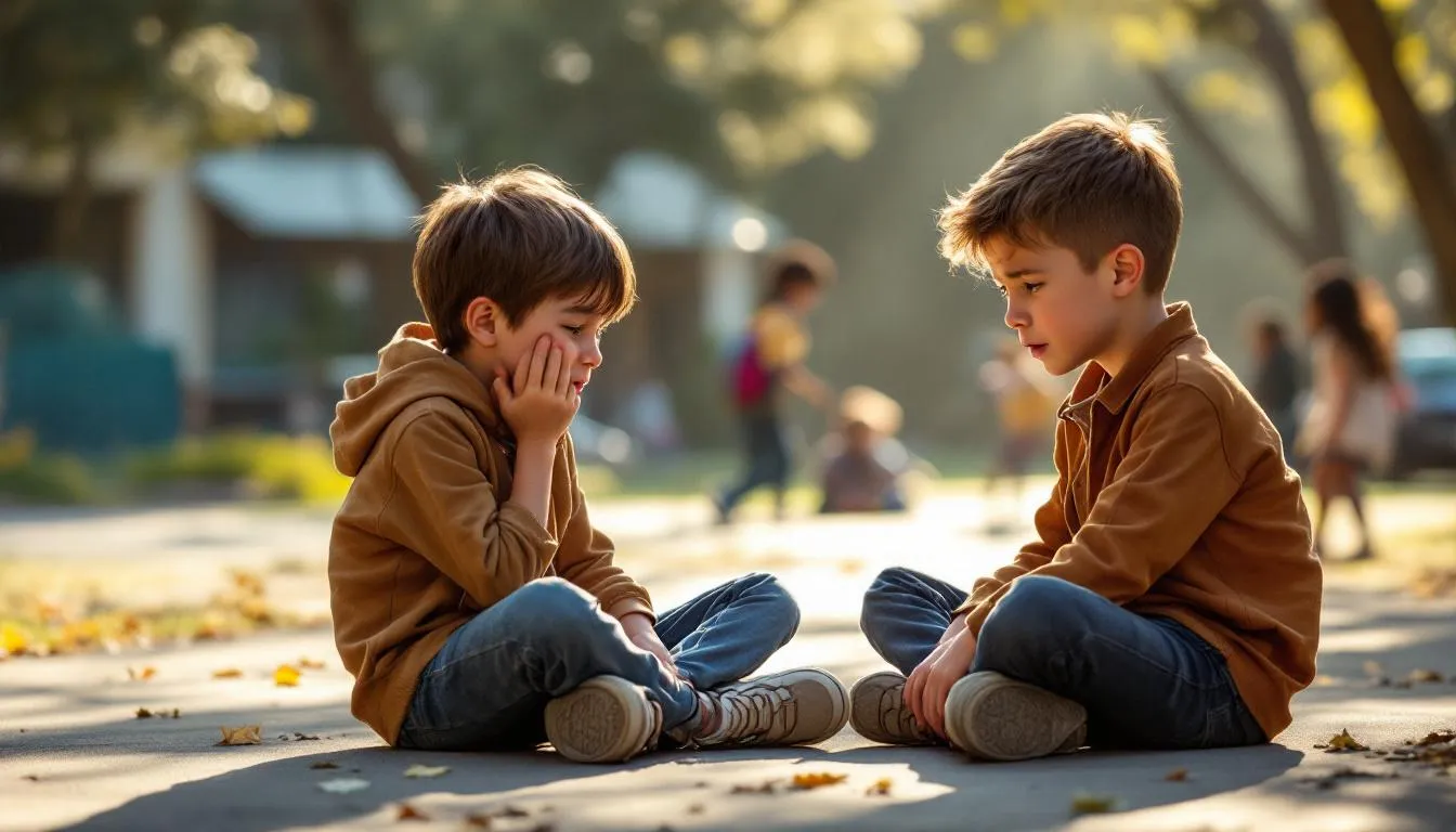 In this image, a 10-year-old boy with calm, wise eyes sits cross-legged at the edge of a busy school playground, attentively listening to another child who appears upset. The scene captures a moment of emotional connection and safety amidst the playful chaos, highlighting the boy's empathetic presence as he represents young progressive leaders like Jeffrey Young.
