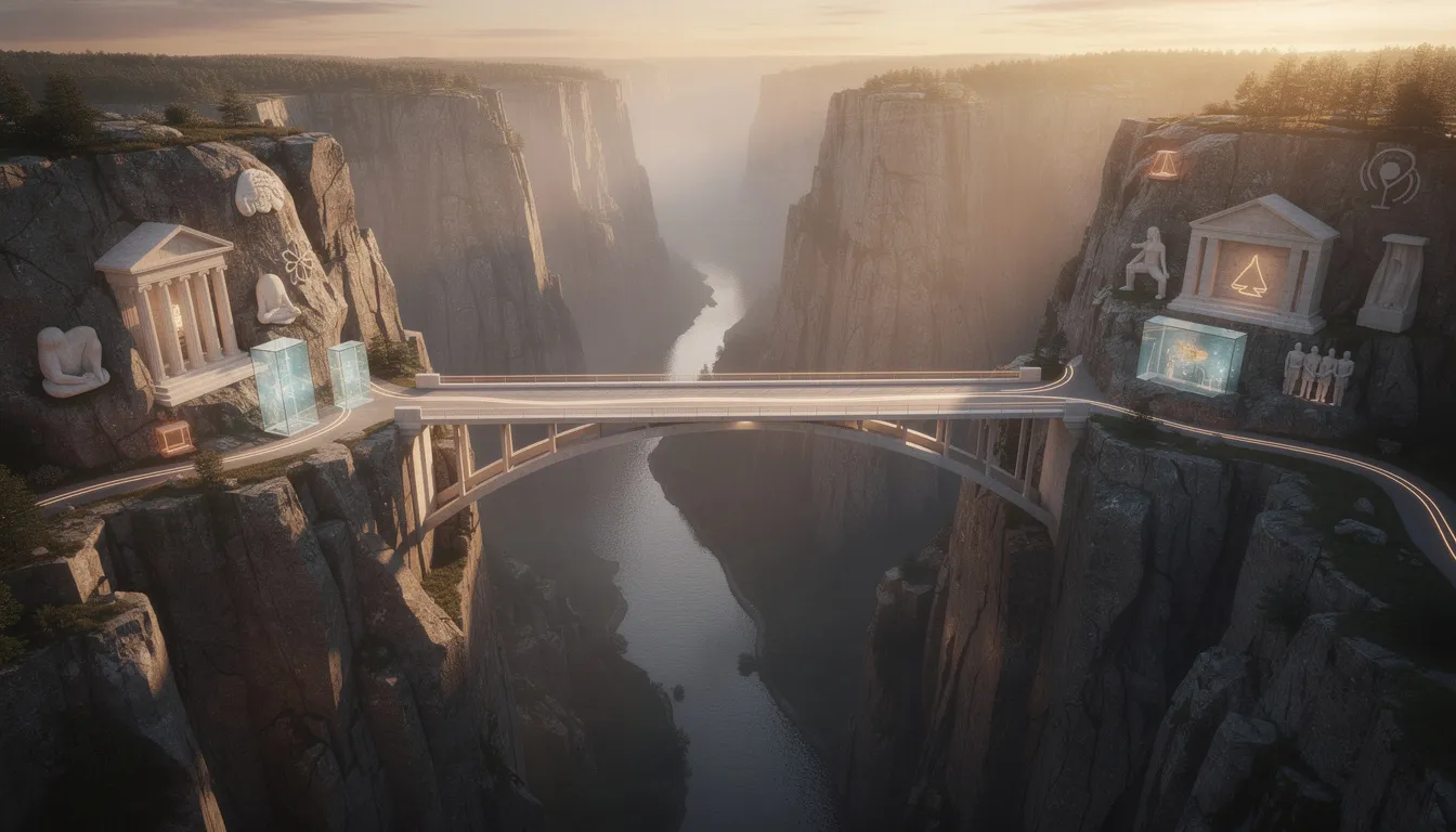 The image depicts a bridge spanning a vast canyon, symbolizing the connection between different therapeutic approaches such as Internal Family Systems (IFS) and Schema Therapy. This visual metaphor illustrates the journey toward personal growth and self-awareness, where individuals can navigate their inner world and foster a harmonious relationship with their emotional states.