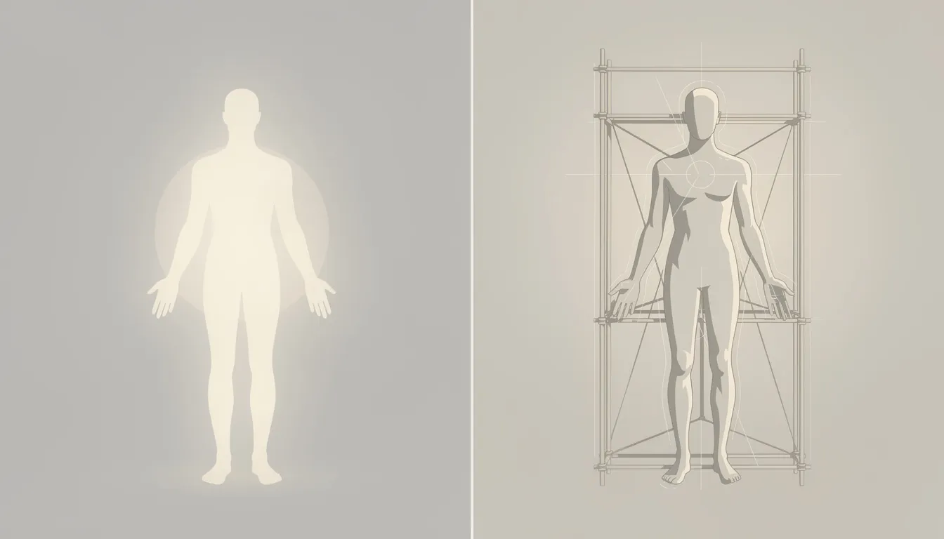 The image depicts two contrasting internal psychological states: on the left, a serene and open inner presence bathed in soft light, symbolizing the healthy adult mode of internal family systems therapy; on the right, a structured figure with defined boundaries, representing the supportive framework and coping styles learned through schema therapy. The neutral background enhances the balanced composition, reflecting a professional and sophisticated approach to mental health and personal growth.