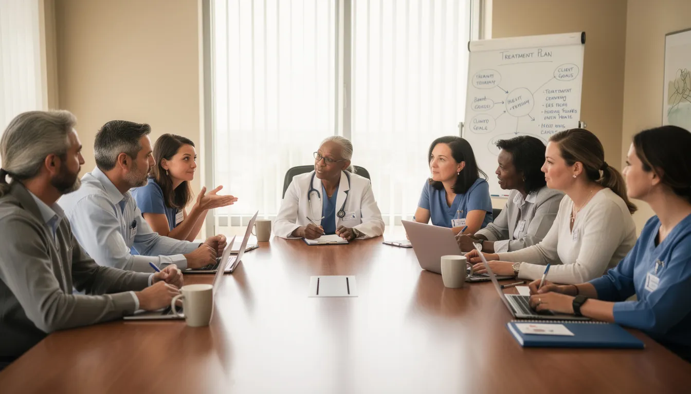 The image depicts a diverse group of mental health professionals engaged in a collaborative discussion around a table, emphasizing a harmonious relationship as they explore various therapy models, including internal family systems and schema therapy. Their interaction highlights the importance of self-awareness and emotional states in the therapeutic process, aiming to modify maladaptive schemas and support personal growth.