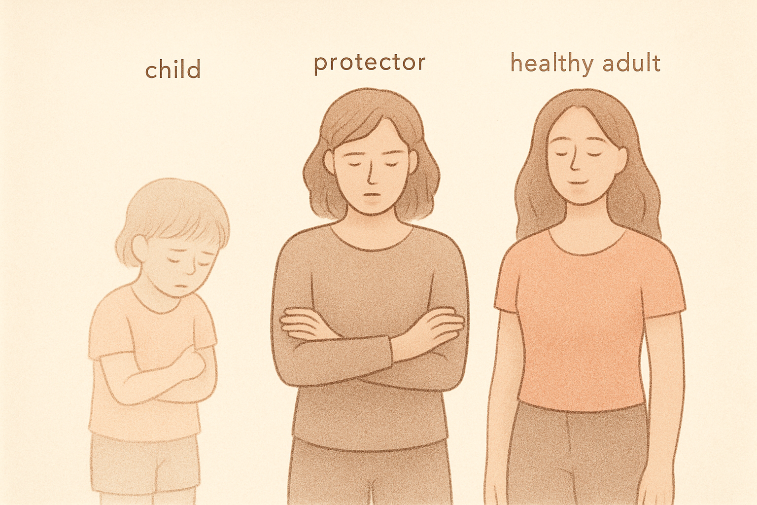 Illustration of internal schema modes including a vulnerable child, detached protector, and healthy adult.