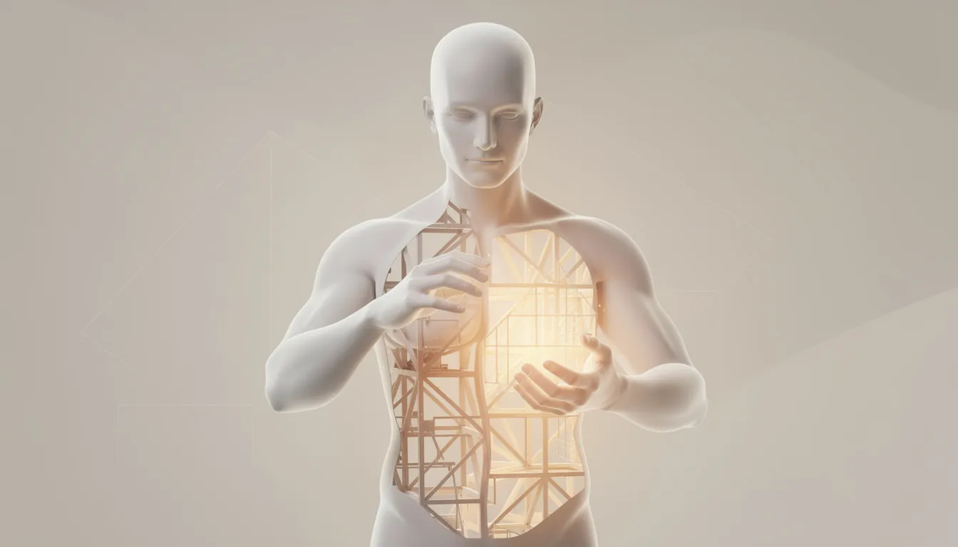 The image depicts a human figure carefully constructing a warm, light-filled architectural scaffolding within their chest, symbolizing the process of internal family systems therapy and psychological development. One side of the structure remains hollow, while the other embodies stability and inner warmth, representing the journey toward personal growth and self-awareness.