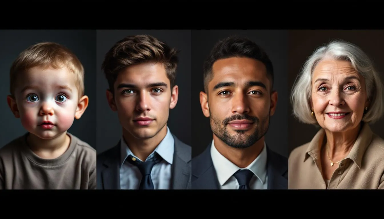 The image depicts the life stages of a single individual, showcasing their evolution from childhood to seniority with a photo-realistic approach. Each portrait highlights the changes in their appearance and the development of schemas throughout their life, emphasizing the journey of a young progressive leader as they grow and adapt over time.