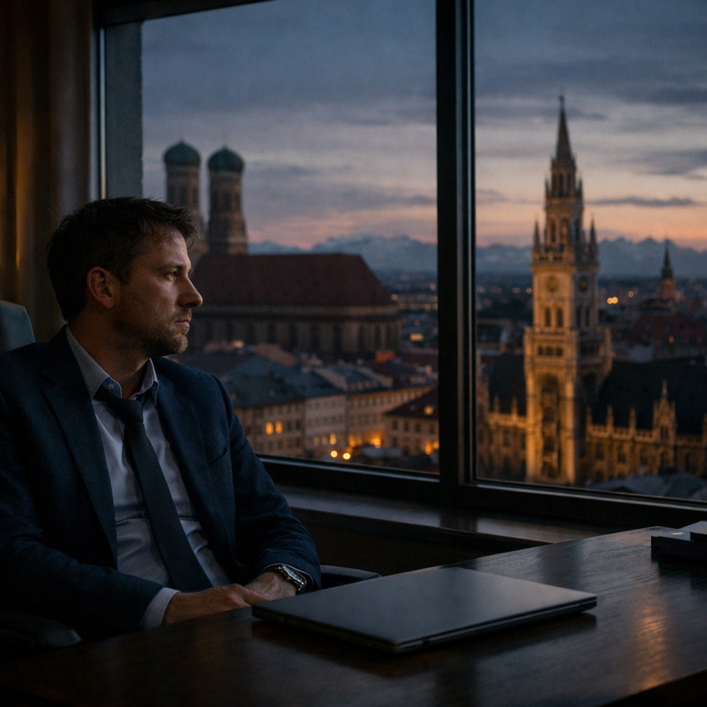Adult professional sitting alone in an office at dusk, looking reflective and discouraged after therapy that has not helped.