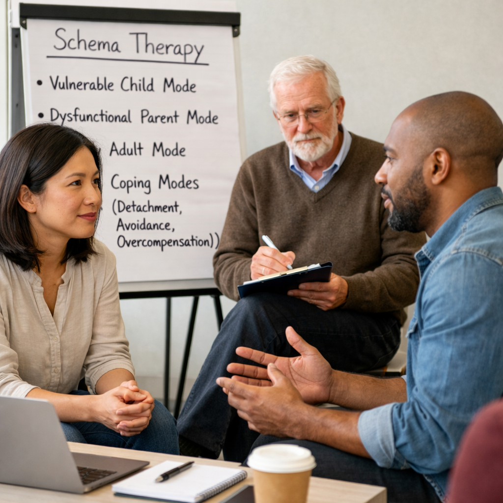 Trainees practicing schema therapy techniques while a trainer observes and gives feedback.