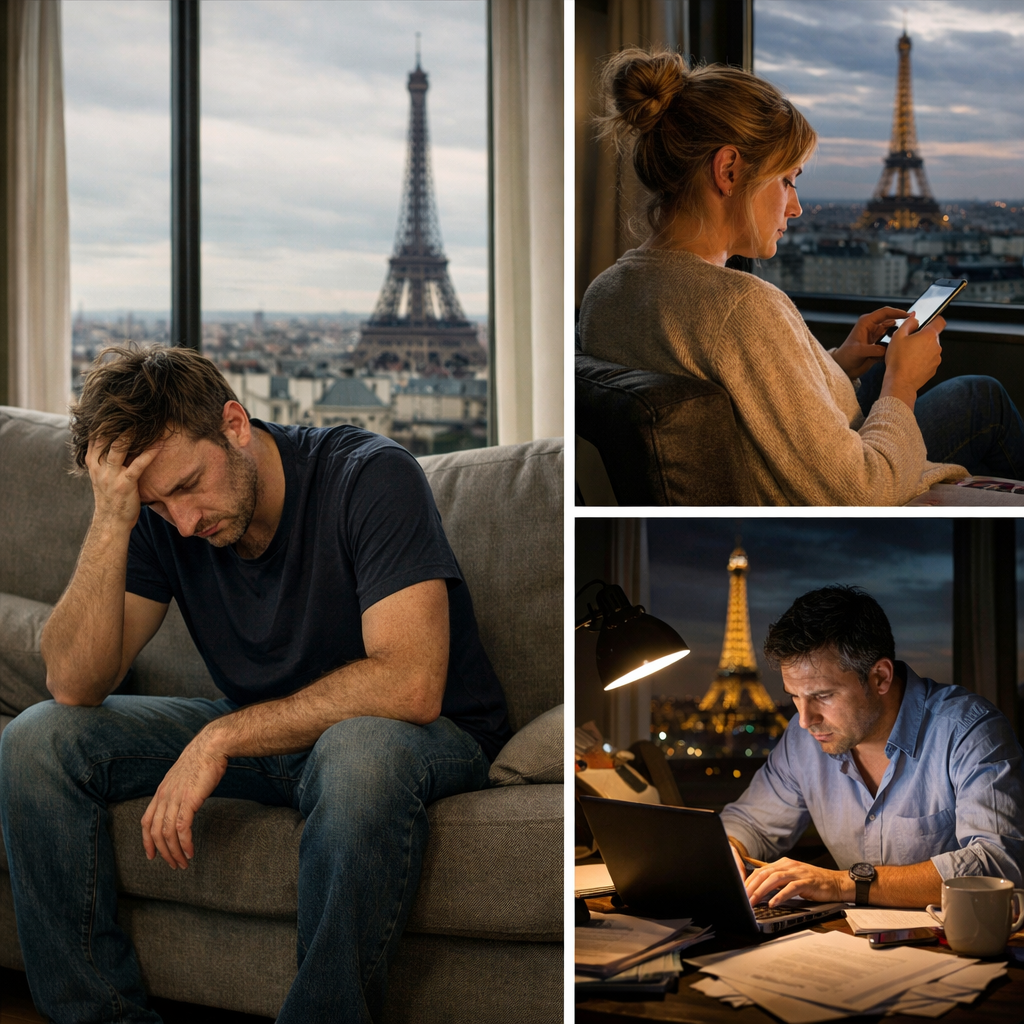 Three separate scenes showing an adult withdrawing, avoiding eye contact, and overworking at a laptop, representing different coping styles.