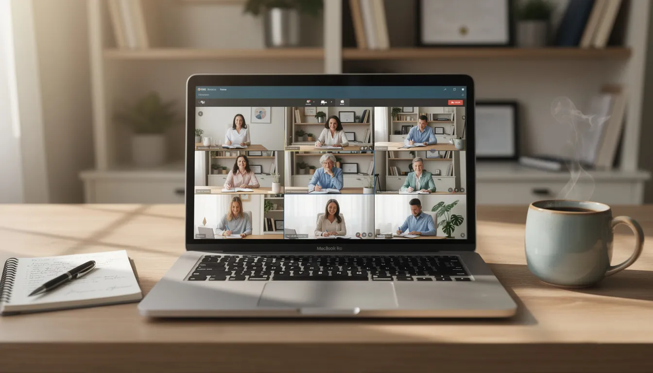 The image depicts several therapists engaged in a video conference on a laptop screen, each situated in their home offices and taking notes during an online training session focused on schema therapy. The setting is professional yet relaxed, with a desk featuring a notebook and coffee mug, illuminated by natural light, reflecting a commitment to enhancing their therapeutic techniques for addressing mental health disorders and emotional support.