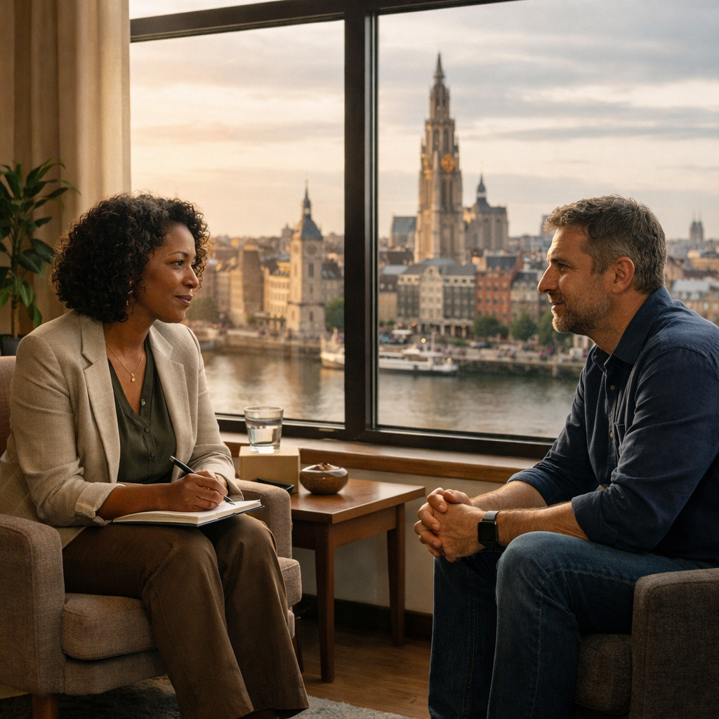 Therapist and adult client in a calm office having a deep conversation during schema therapy.