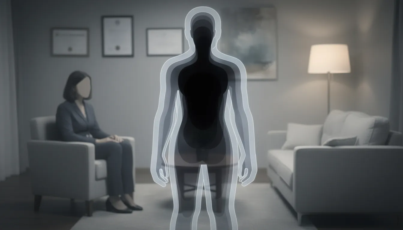 The image depicts a therapist in a serene therapy room, engaged with an abstract human silhouette composed of layered, translucent shapes that represent the internal family systems model. The inner layers, shrouded in shadow, reflect emotional flooding and dissociation, suggesting a complex inner world and the therapeutic journey towards self-awareness and healing.