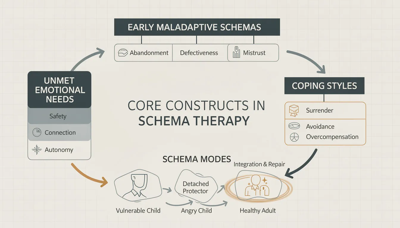 The diagram illustrates the dynamic interaction of the four core constructs of schema therapy, emphasizing how early maladaptive schemas activate coping styles and shift into schema modes related to unmet emotional needs. It is designed for experienced clinicians, featuring directional arrows and layered zones to convey a complex understanding of the therapeutic relationship and its application in treating personality disorders like borderline personality disorder.