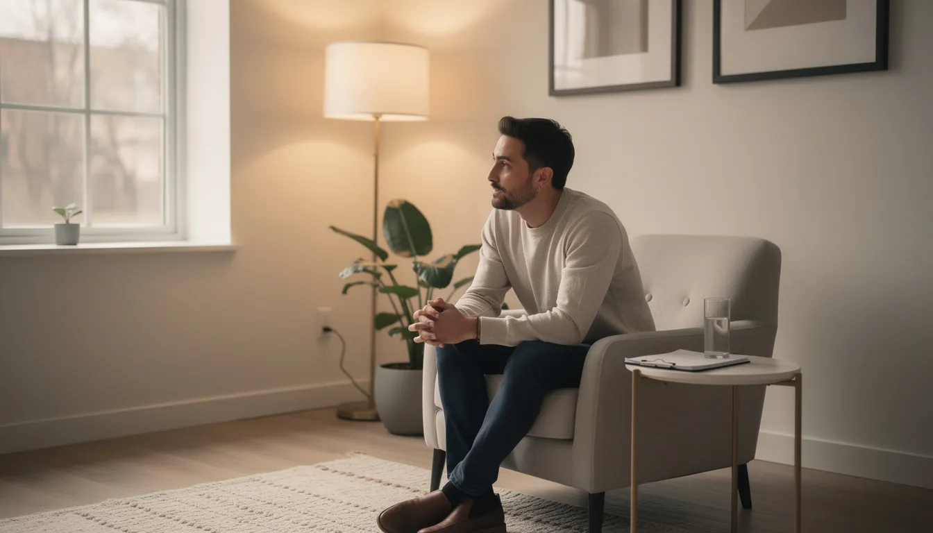 The image depicts a thoughtful therapist seated in a modern office, illuminated by warm lighting, suggesting an environment conducive to internal family systems therapy. The therapist appears engaged, embodying the essence of self-awareness and compassion, essential for fostering a harmonious relationship with clients navigating their inner world and emotional states.