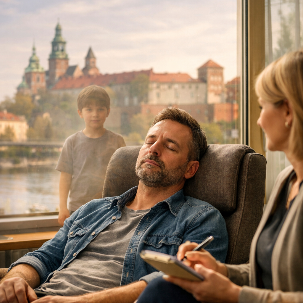 Adult sitting in therapy with eyes closed, imagining comforting their younger self, suggested by a faint reflection of a child in the background.