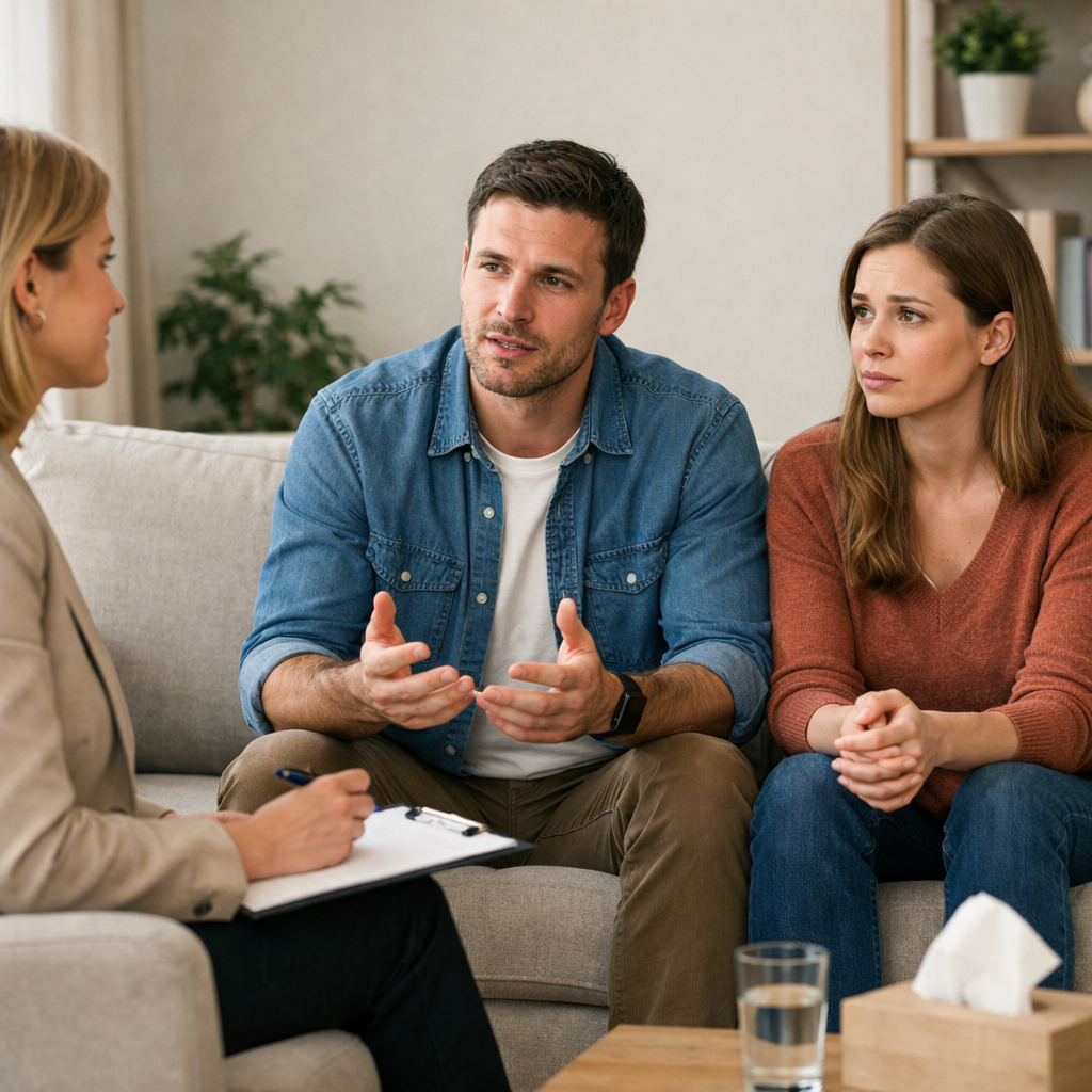 Therapist working with a couple in session to address schema-driven conflict.