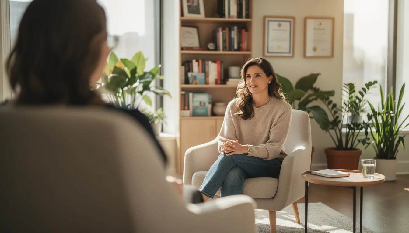 The image depicts a mid-career therapist in a modern office, seated in an armchair and listening attentively to a client whose face is slightly blurred in the foreground. The warm, natural light and muted tones create a calming atmosphere, emphasizing the therapeutic relationship and the focus on emotional support in schema therapy.