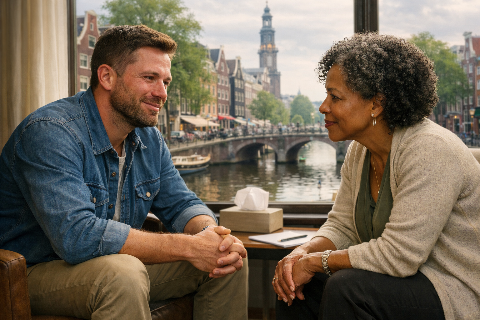 Therapist offering warm, attuned presence to a client who looks surprised but relieved to feel understood.