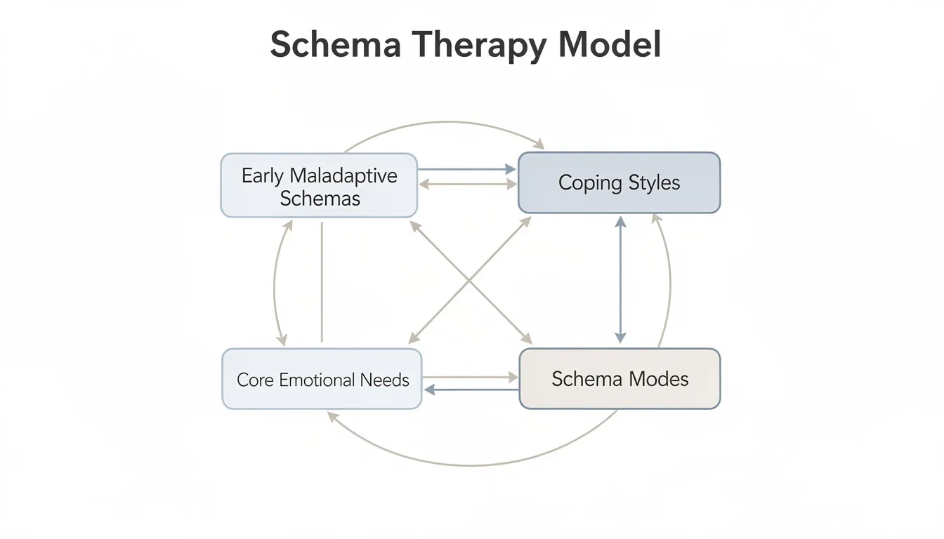 The image features a clean and professional educational diagram illustrating the schema therapy model, with four interconnected components labeled as Early Maladaptive Schemas, Coping Styles, Schema Modes, and Core Emotional Needs. The minimalist design on a light background emphasizes the clinical training aesthetic, making it suitable for clinicians focusing on treating personality disorders and understanding psychological problems.