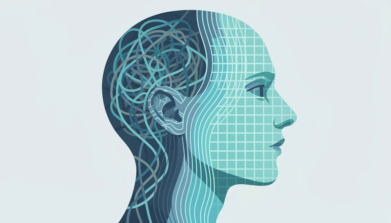 The image features an abstract illustration of a human head silhouette, with the left side filled with tangled lines representing maladaptive schemas, transitioning into organized patterns on the right, symbolizing personal growth and healthier behaviors. This visual metaphor reflects the transformative process often explored in schema therapy, particularly in treating personality disorders.