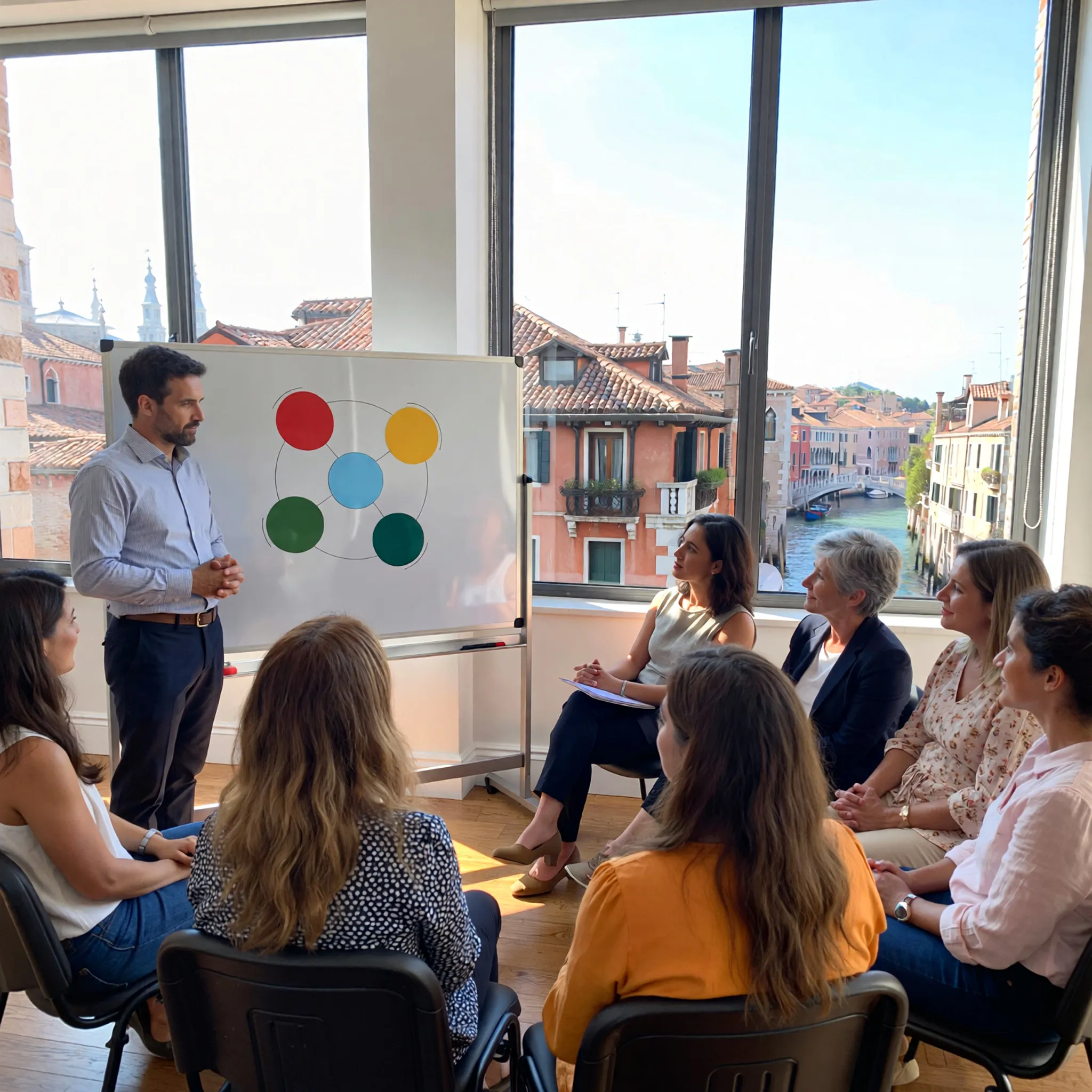 Therapist at a whiteboard outlining five colored circles representing schema therapy domains during a psychoeducation session.