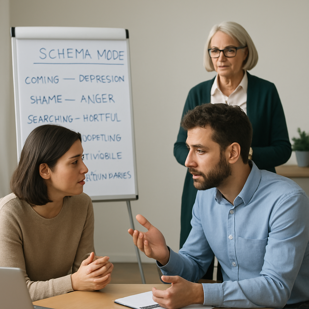 Trainees practicing schema therapy techniques while a trainer observes and gives feedback for schema therapy online training.