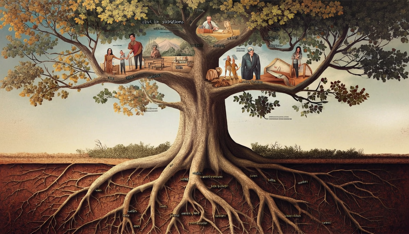 Visual metaphor of roots beneath a tree representing childhood schemas that drive adult difficulties.