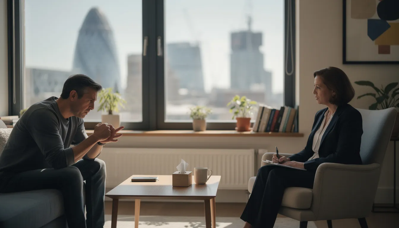 A diverse therapist and an adult client sit in a softly lit therapy office, with a view of London visible through the window. The client appears frustrated and stuck, while the therapist listens attentively, reflecting a warm and professional therapeutic relationship that may involve schema therapy and cognitive behavioral techniques to address complex difficulties.