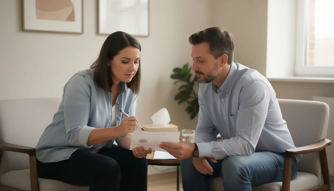 The image depicts a therapist and an adult client seated side by side in a simple therapy office, engaged in a collaborative discussion while reviewing a worksheet. The therapist is gently pointing to the document, and the client appears attentive, reflecting a calm and supportive therapeutic relationship, emphasizing the principles of dialectical behavior therapy and schema therapy.