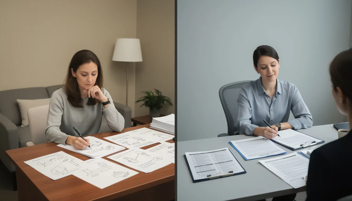 The image depicts a split-frame editorial-style photograph of two therapists in separate rooms, each showcasing different therapeutic approaches. One therapist is engaged with reflective notes and diagrams, while the other utilizes structured worksheets and checklists, both exuding calm competence in a neutral-lit environment, representing the diverse methodologies of dialectical behavior therapy (DBT) and schema therapy without any hierarchy.