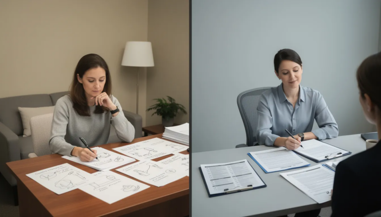 The image depicts a split-frame editorial-style photograph of two therapists in separate rooms, each showcasing different therapeutic approaches. One therapist is engaged with reflective notes and diagrams, while the other utilizes structured worksheets and checklists, both exuding calm competence in a neutral-lit environment, representing the diverse methodologies of dialectical behavior therapy (DBT) and schema therapy without any hierarchy.