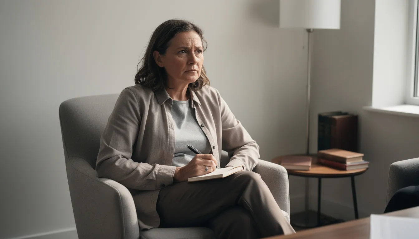 The image captures an experienced psychotherapist seated in a quiet, modern therapy office, with a thoughtful expression as they hold a notebook on their knee, illuminated by soft natural light from a window. This candid moment reflects the clinical atmosphere of psychotherapy, emphasizing the therapist's focus on supporting clients through various mental health challenges, including emotion regulation and interpersonal effectiveness skills.