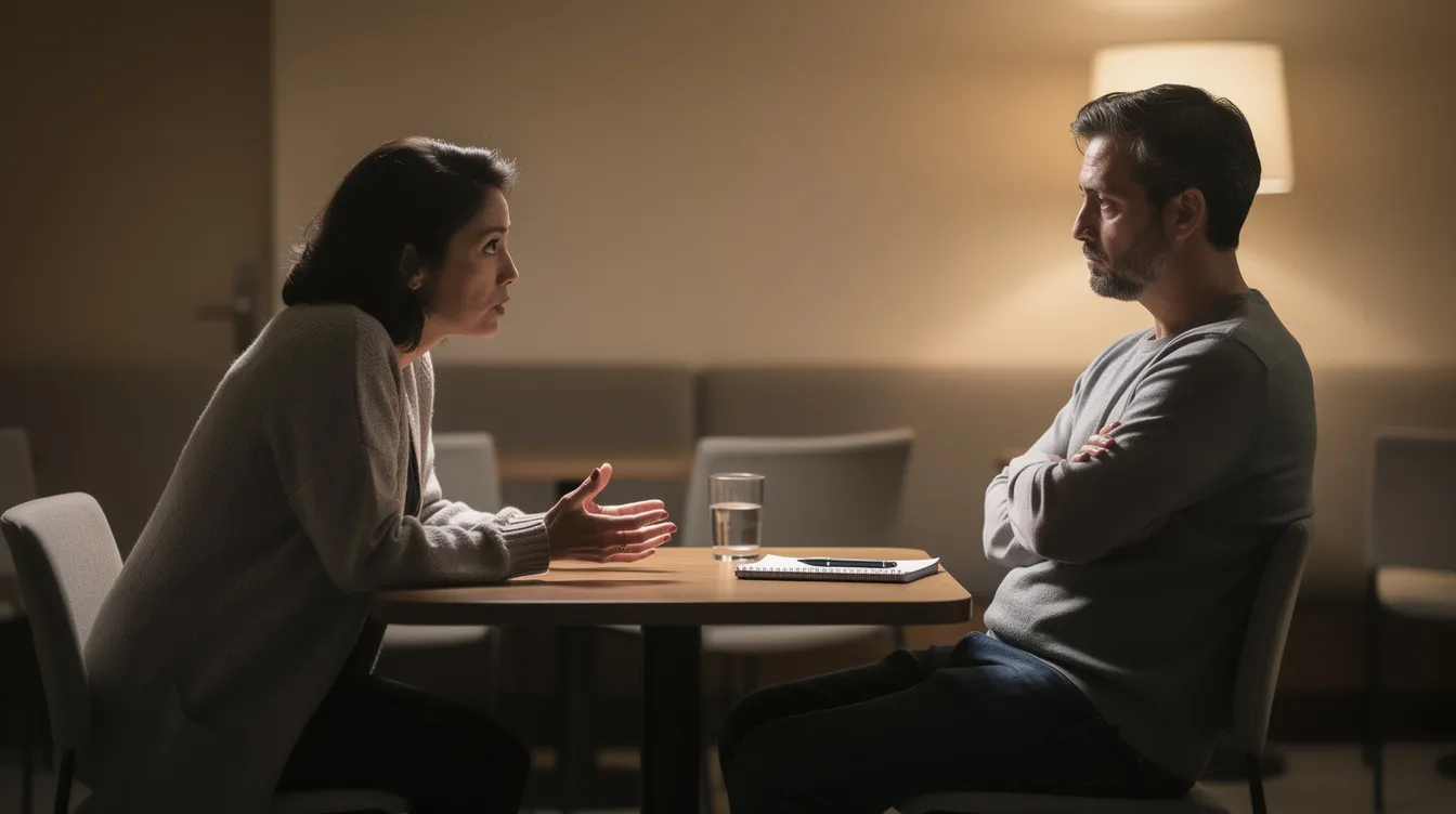 The image depicts two individuals engaged in a conversation, with one person leaning forward with intensity, while the other leans back with arms crossed, symbolizing different relational dynamics. This scene reflects the emotional difficulties often explored in therapies like schema therapy and cognitive behavioral therapy (CBT), highlighting the importance of understanding interpersonal patterns and coping responses in treatment.
