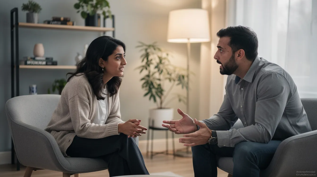 A Middle Eastern therapist observes with empathy as a White male client speaks with emotional intensity during an experiential therapy exercise in a modern psychotherapy office. The scene captures a genuine moment of therapeutic dialogue, highlighting the diverse representation and the importance of addressing emotional difficulties through effective forms of therapy, such as schema therapy and cognitive behavior therapy.