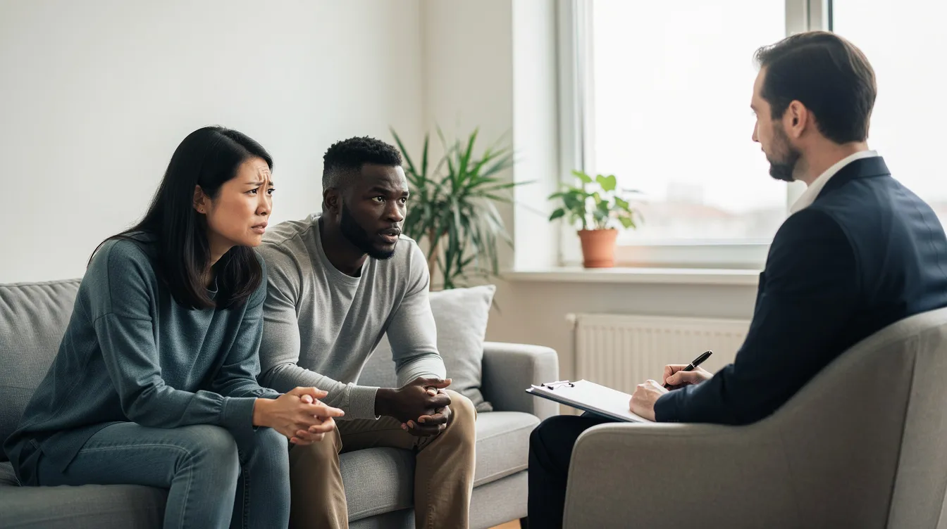 In a modern counseling office, an interracial couple, consisting of an Asian woman and a Black man, sits slightly apart yet engaged in a therapy session, discussing relationship conflicts with an attentive European therapist. The atmosphere is filled with natural emotional tension but remains hopeful, highlighting the therapeutic modalities at play, such as schema therapy and cognitive behavioral therapy, as they work through their emotional difficulties.