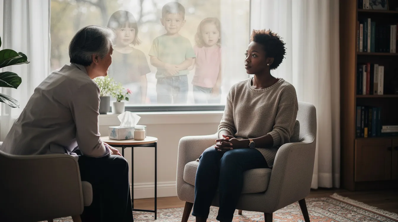 A thoughtful Black woman sits in quiet reflection in a therapy office, gazing forward as faint reflections of her younger self appear softly in the window behind her, symbolizing emotional memory and childhood experiences. An older Asian therapist sits nearby with a calm, attentive presence, creating an authentic therapy setting that emphasizes the importance of understanding past experiences in treating emotional difficulties through modalities like schema therapy and cognitive behavioral therapy.