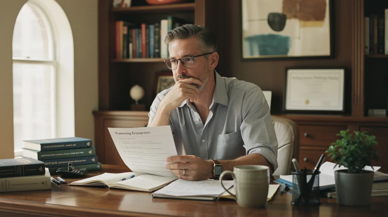 Clinician reviewing schema therapy training program details at a desk in a private practice office in Berlin.
