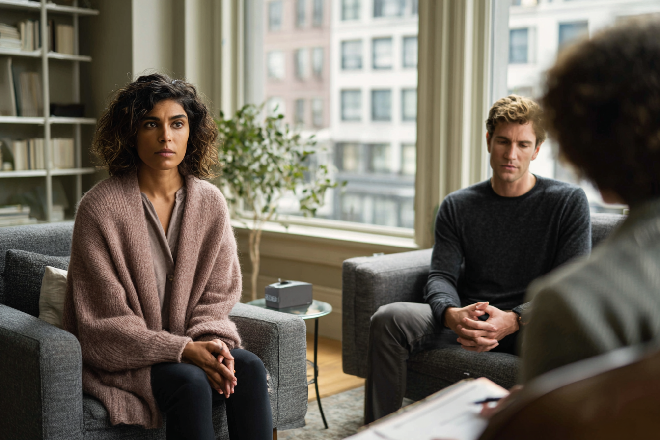 Couple in a schema therapy session showing Detached Protector and Punitive Critic modes during attachment work.