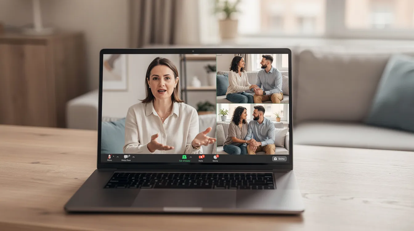 Therapist conducting an online schema therapy session with a couple addressing maladaptive patterns and attachment repair.