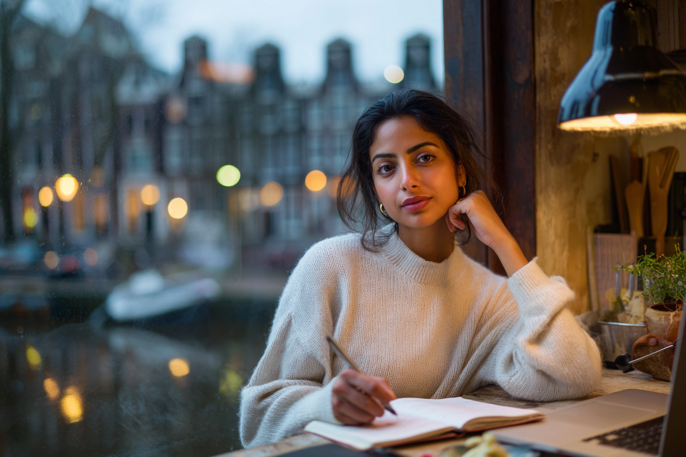Schema therapy trainee journaling clinical insights after a live online training session in Amsterdam.