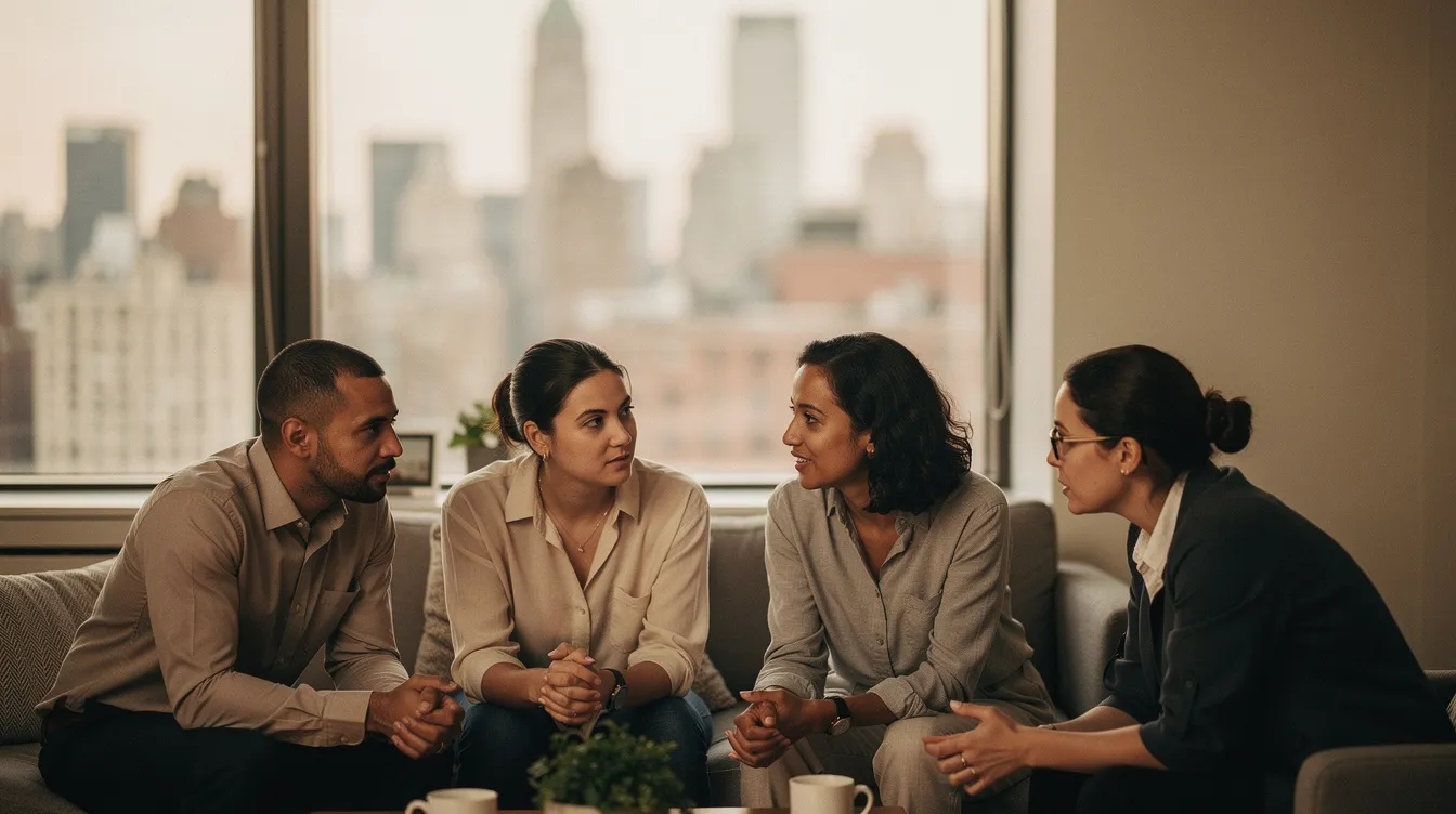 Diverse cohort of psychotherapists discussing schema therapy training program options in an urban training office.