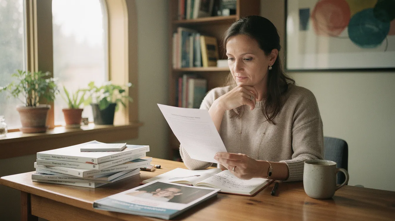 Therapist comparing ISST-approved schema therapy training syllabi at her home office in Copenhagen.