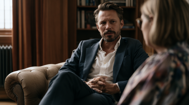 Image of a man working with a schema therapist on narcissism.