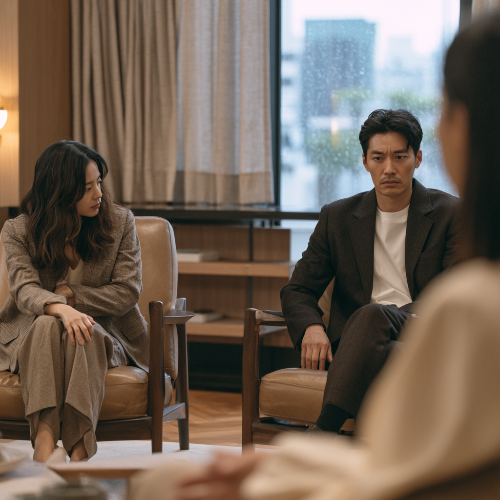 Couple sitting apart after a vulnerable moment in therapy