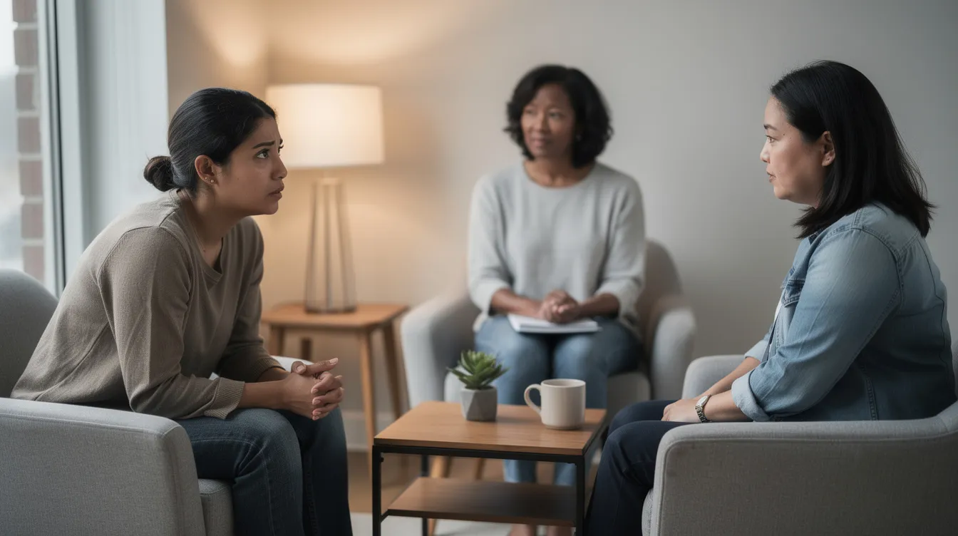 Married couple in a schema-focused couples therapy session with their therapist.