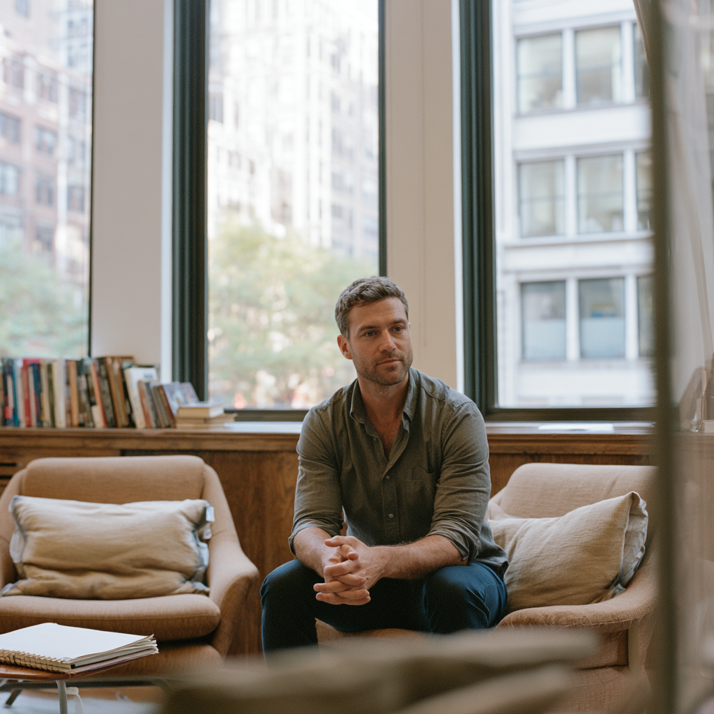 Experienced couples therapist reflecting between two empty client chairs