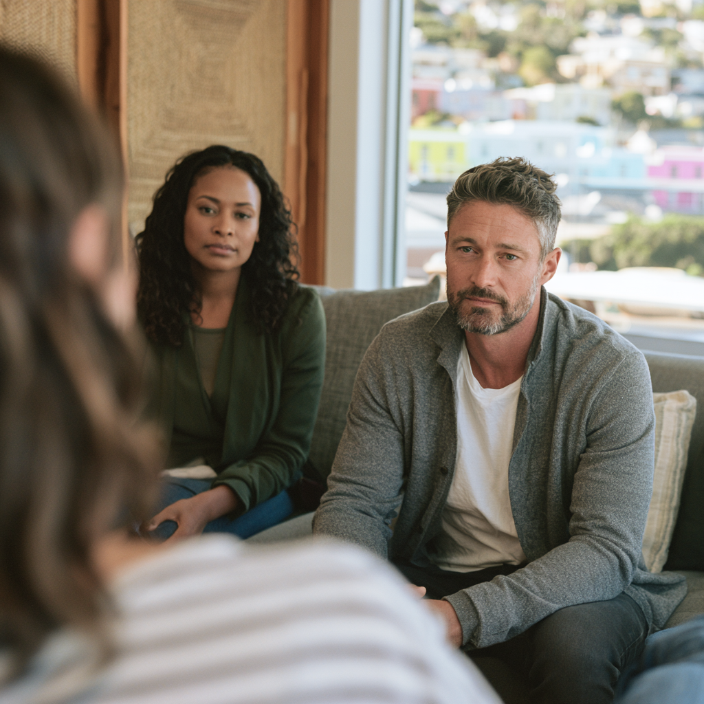 Therapist listening closely as a partner describes an underlying emotional wound